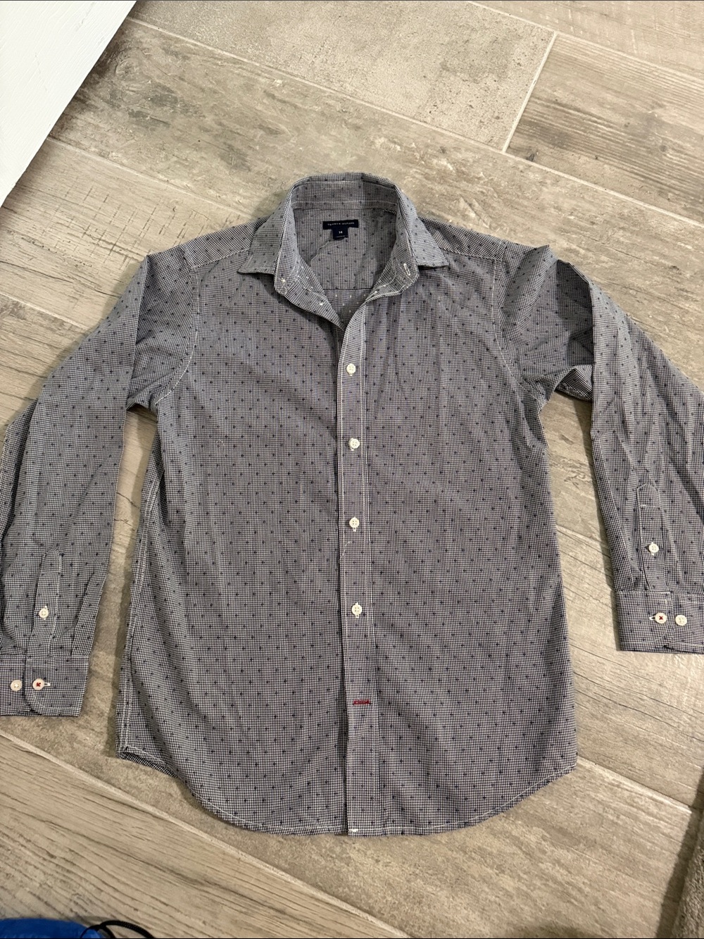 Tommy Hilfiger Boys Grey Button-Down Shirt with Subtle Dot Pattern